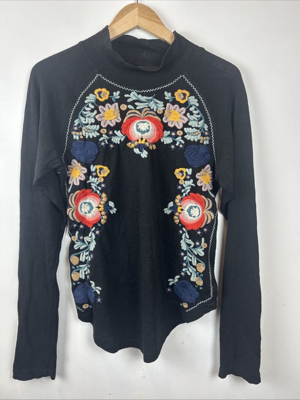 Free People Black Embroidered Long Sleeve Top Mock Neck Size L